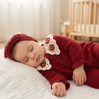 Kız Bebek Çilek Desenli Örgü Yakalı Tulum Ve Saç Bantlı Set %100 Pamuk