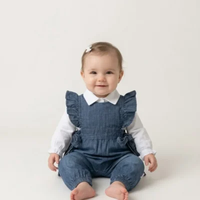 Kız Bebek Fırfır Detaylı Denim Salopet Tulum Ve Beyaz Gömlekli 2'li Takım