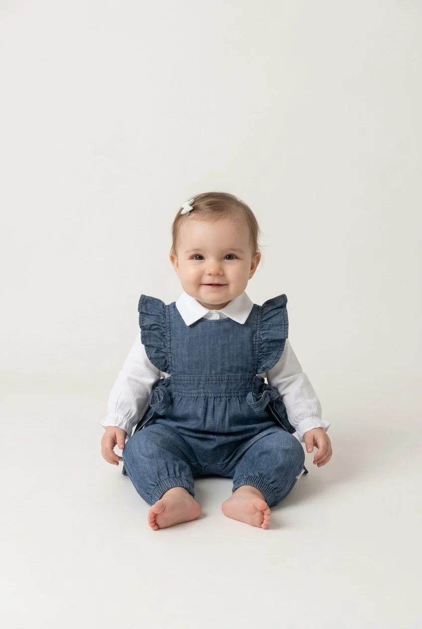 Kız Bebek Fırfır Detaylı Denim Salopet Tulum Ve Beyaz Gömlekli 2'li Takım