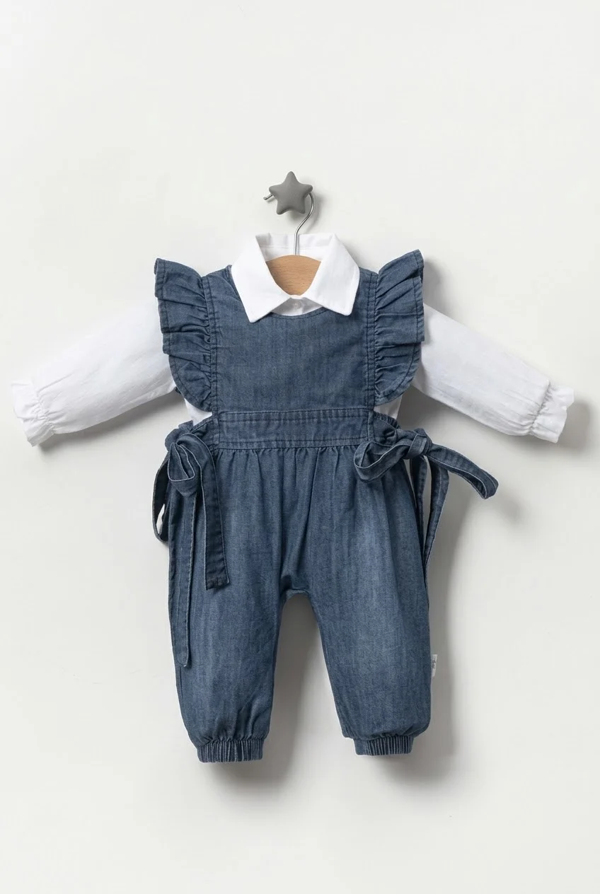 Kız Bebek Fırfır Detaylı Denim Salopet Tulum Ve Beyaz Gömlekli 2'li Takım - Görsel 2