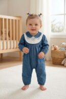 Kız Bebek %100 Pamuk Bebe Yaka Nakışlı Kot Tulum Fiyonklu Denim Bebek Tulumu