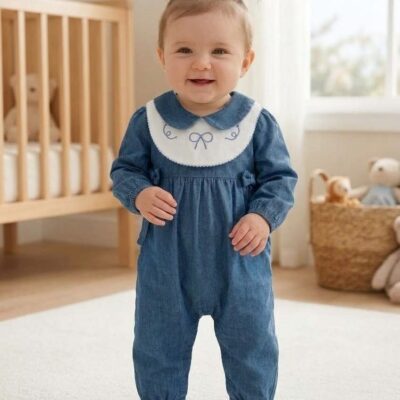 Kız Bebek %100 Pamuk Bebe Yaka Nakışlı Kot Tulum Fiyonklu Denim Bebek Tulumu
