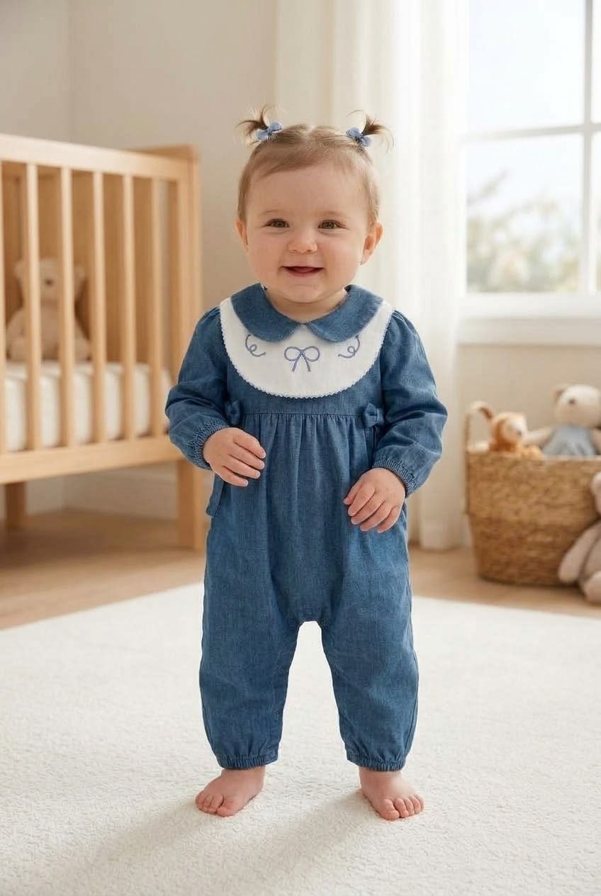 Kız Bebek %100 Pamuk Bebe Yaka Nakışlı Kot Tulum Fiyonklu Denim Bebek Tulumu
