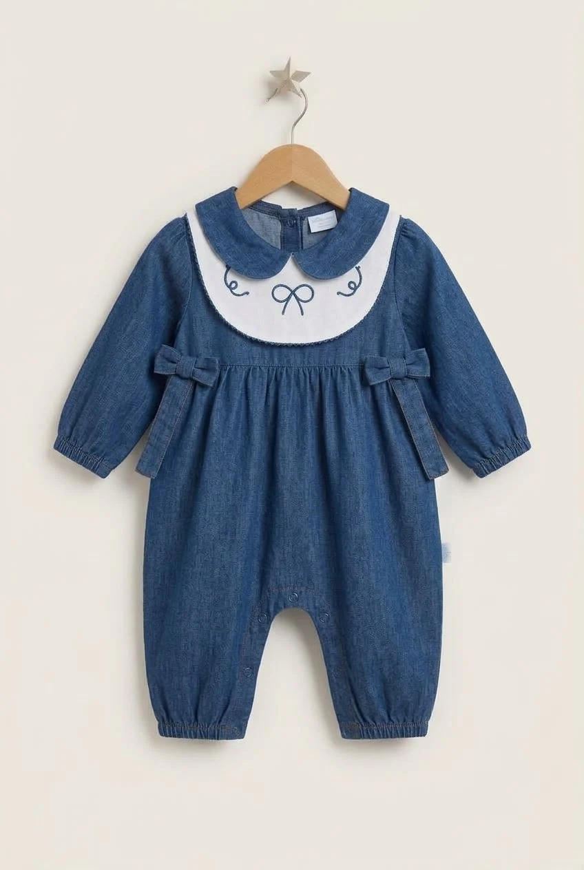 Kız Bebek %100 Pamuk Bebe Yaka Nakışlı Kot Tulum Fiyonklu Denim Bebek Tulumu - Görsel 3