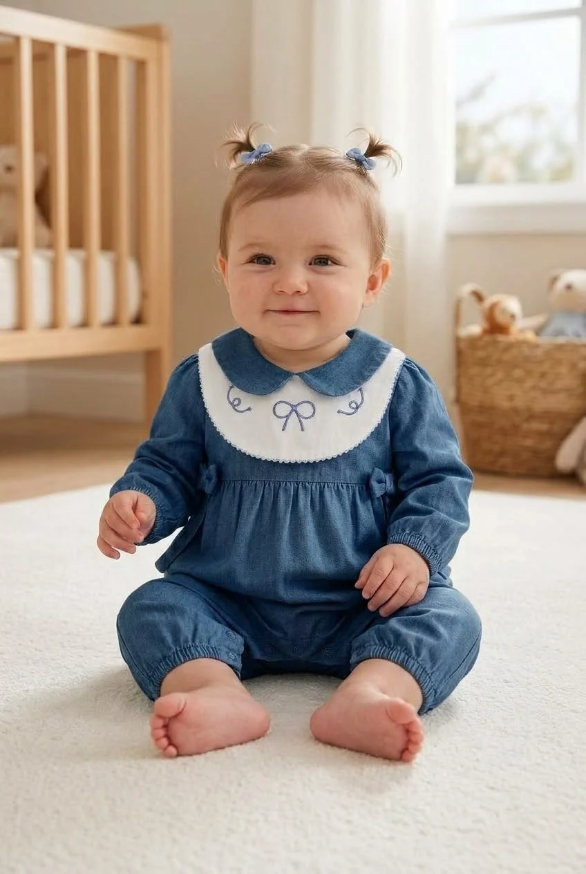 Kız Bebek %100 Pamuk Bebe Yaka Nakışlı Kot Tulum Fiyonklu Denim Bebek Tulumu - Görsel 2