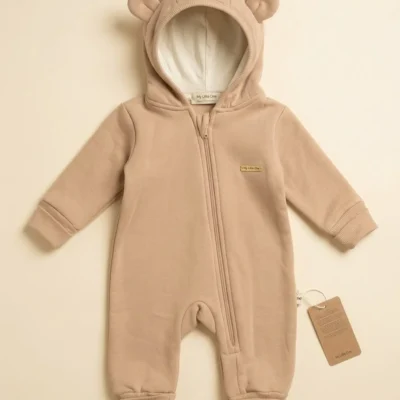 Erkek Bebek Kulaklı Kapüşonlu %100 Pamuk Fermuarlı Kışlık Bebek Tulumu Açık Kahverengi