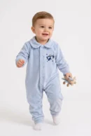 Erkek Bebek Mavi Kadife Tulum Uçak Nakışlı Bebe Yakalı Uzun Kollu Bebek Tulumu